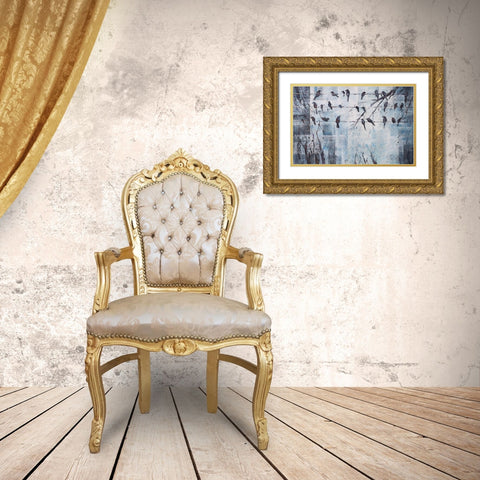ABSTRACT BIRDS ON ELECTRIC WIRE Gold Ornate Wood Framed Art Print with Double Matting by Atelier B Art Studio