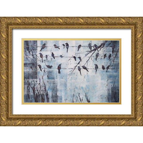 ABSTRACT BIRDS ON ELECTRIC WIRE Gold Ornate Wood Framed Art Print with Double Matting by Atelier B Art Studio