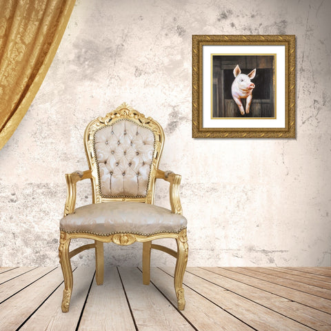 Smiling Pig Gold Ornate Wood Framed Art Print with Double Matting by Atelier B Art Studio