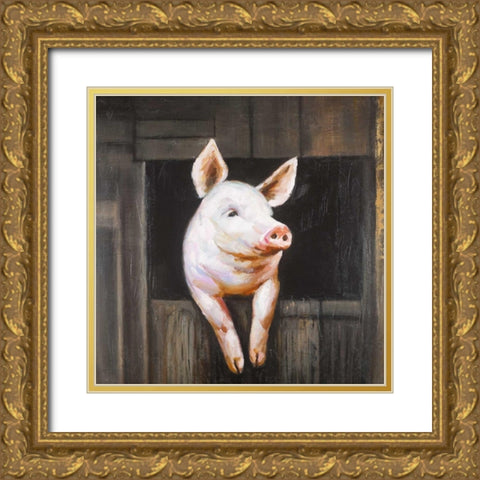 Smiling Pig Gold Ornate Wood Framed Art Print with Double Matting by Atelier B Art Studio