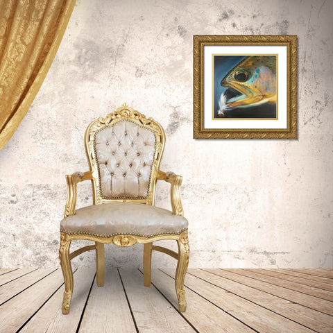 Golden Trout with Fly Fishing Flie Gold Ornate Wood Framed Art Print with Double Matting by Atelier B Art Studio