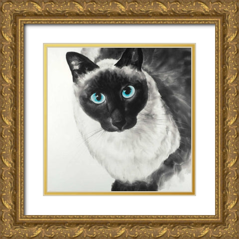 Blue Eyes Siamese Cat Gold Ornate Wood Framed Art Print with Double Matting by Atelier B Art Studio