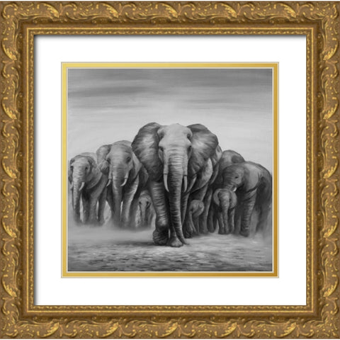 Herd Elephants Gold Ornate Wood Framed Art Print with Double Matting by Atelier B Art Studio