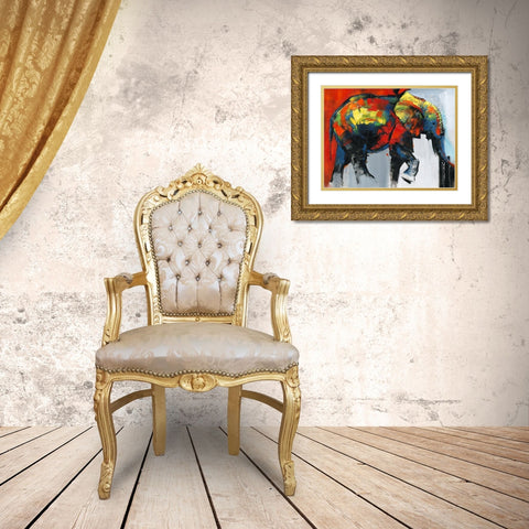 ABSTRACT AND COLORFUL ELEPHANT IN MOTION Gold Ornate Wood Framed Art Print with Double Matting by Atelier B Art Studio