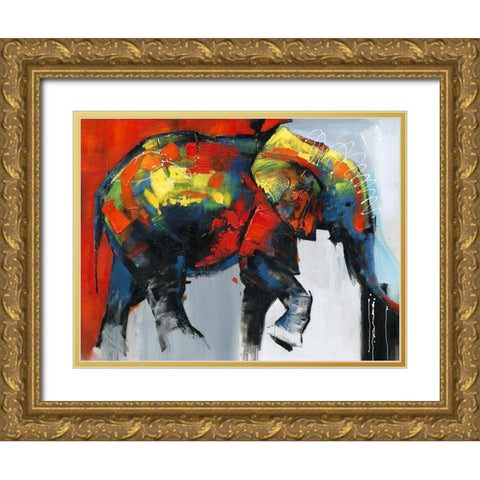 ABSTRACT AND COLORFUL ELEPHANT IN MOTION Gold Ornate Wood Framed Art Print with Double Matting by Atelier B Art Studio