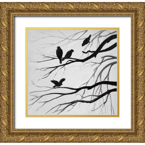 Silhouette of birds Gold Ornate Wood Framed Art Print with Double Matting by Atelier B Art Studio