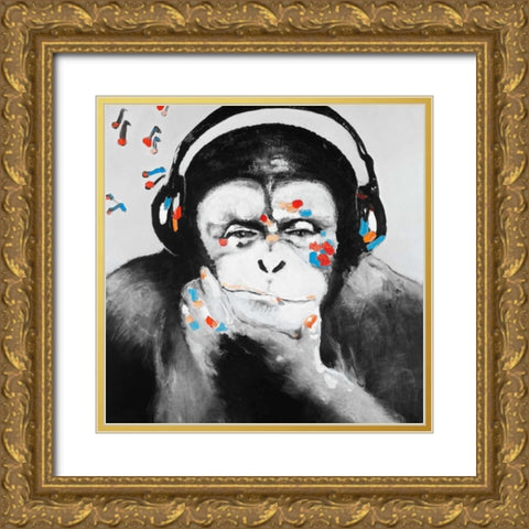 Monkey with Headphones Gold Ornate Wood Framed Art Print with Double Matting by Atelier B Art Studio