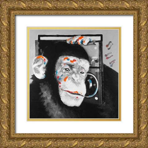 Monkey Listening to Radio Gold Ornate Wood Framed Art Print with Double Matting by Atelier B Art Studio