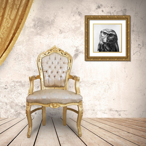 Realistic Northern Saw-whet Owl with Glasses Gold Ornate Wood Framed Art Print with Double Matting by Atelier B Art Studio