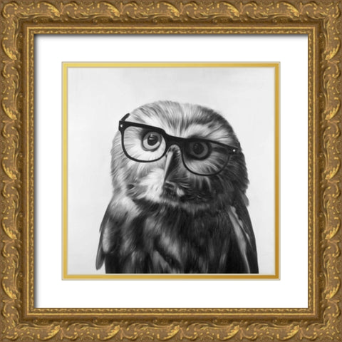 Realistic Northern Saw-whet Owl with Glasses Gold Ornate Wood Framed Art Print with Double Matting by Atelier B Art Studio