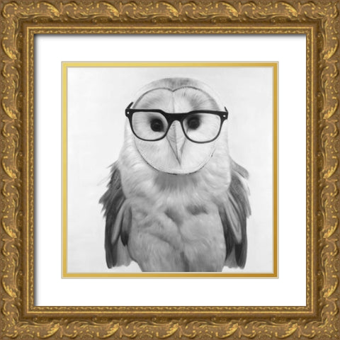 Realistic Barn Owl with Glasses Gold Ornate Wood Framed Art Print with Double Matting by Atelier B Art Studio
