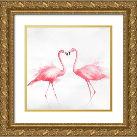 Two Pink Flamingo Watercolor Gold Ornate Wood Framed Art Print with Double Matting by Atelier B Art Studio