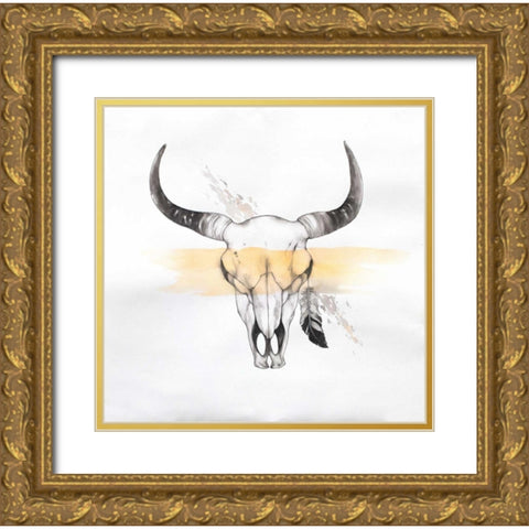 Head Skull of Bull in Watercolor Gold Ornate Wood Framed Art Print with Double Matting by Atelier B Art Studio