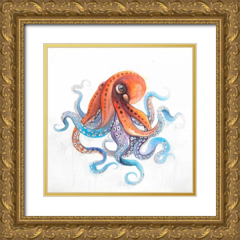 Watercolor Octupus Gold Ornate Wood Framed Art Print with Double Matting by Atelier B Art Studio