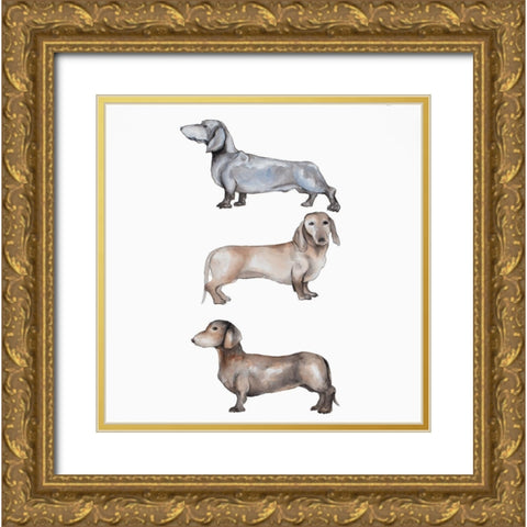 Three Daschund Dogs Gold Ornate Wood Framed Art Print with Double Matting by Atelier B Art Studio