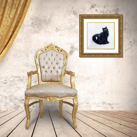 FURRY BLACK WATERCOLOR CAT Gold Ornate Wood Framed Art Print with Double Matting by Atelier B Art Studio