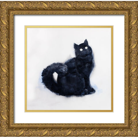FURRY BLACK WATERCOLOR CAT Gold Ornate Wood Framed Art Print with Double Matting by Atelier B Art Studio
