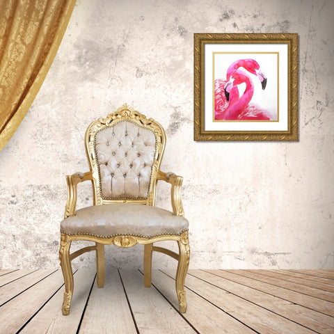 WATERCOLOR FLAMINGO LOVE Gold Ornate Wood Framed Art Print with Double Matting by Atelier B Art Studio