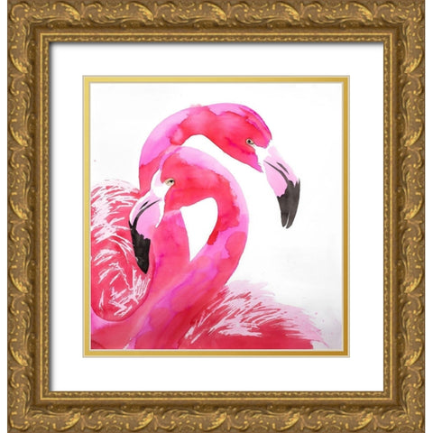WATERCOLOR FLAMINGO LOVE Gold Ornate Wood Framed Art Print with Double Matting by Atelier B Art Studio