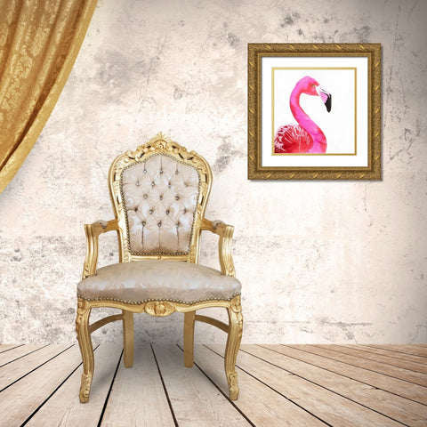 WATERCOLOR PROUD FLAMINGO PROFILE Gold Ornate Wood Framed Art Print with Double Matting by Atelier B Art Studio