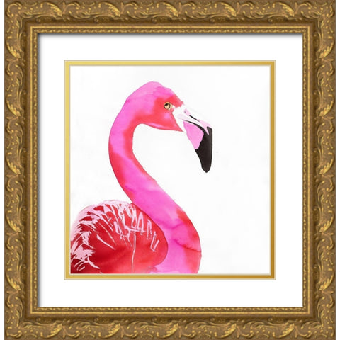 WATERCOLOR PROUD FLAMINGO PROFILE Gold Ornate Wood Framed Art Print with Double Matting by Atelier B Art Studio