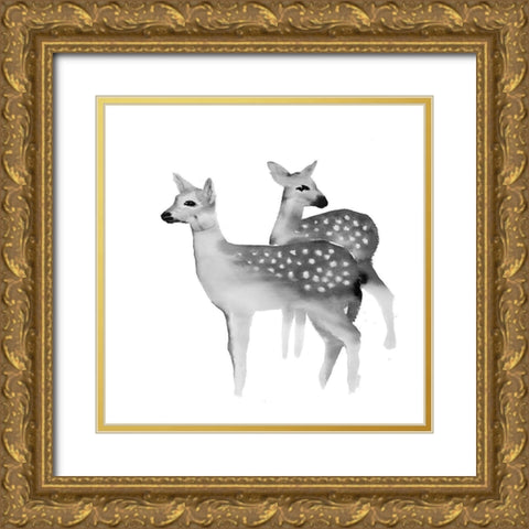 BLACK AND WHITE FAWNS Gold Ornate Wood Framed Art Print with Double Matting by Atelier B Art Studio