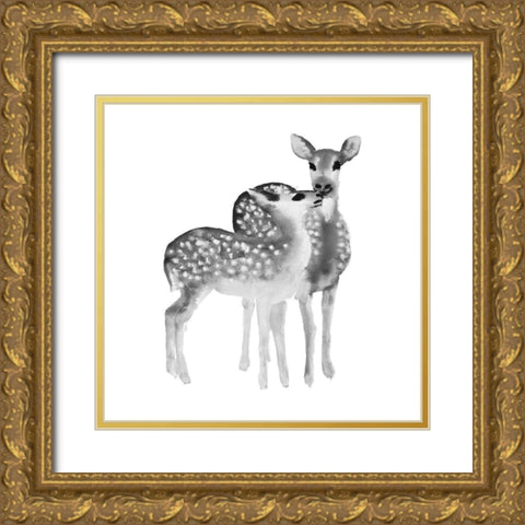 BLACK AND WHITE FAWNS LOVE Gold Ornate Wood Framed Art Print with Double Matting by Atelier B Art Studio