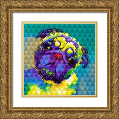 Geometric Curious Pug Gold Ornate Wood Framed Art Print with Double Matting by Atelier B Art Studio