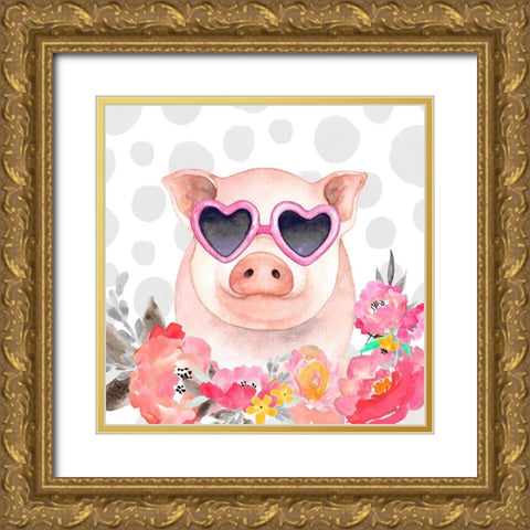 LITTLE PIG IN LOVE Gold Ornate Wood Framed Art Print with Double Matting by Atelier B Art Studio