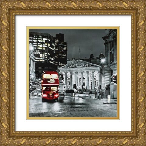 Grayscale Pantheon with red bus Gold Ornate Wood Framed Art Print with Double Matting by Atelier B Art Studio