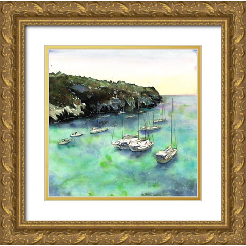 BOATS IN CALA MACARELLA Gold Ornate Wood Framed Art Print with Double Matting by Atelier B Art Studio