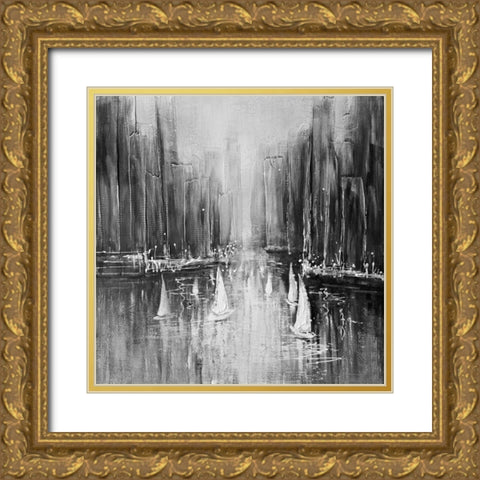 Grayscale boats on the water Gold Ornate Wood Framed Art Print with Double Matting by Atelier B Art Studio