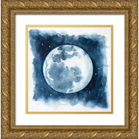 Watercolor Blue Moon Gold Ornate Wood Framed Art Print with Double Matting by Atelier B Art Studio