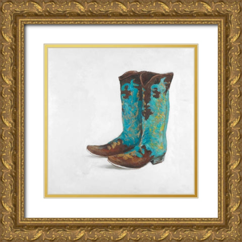 Blue Cowboy Boots Gold Ornate Wood Framed Art Print with Double Matting by Atelier B Art Studio