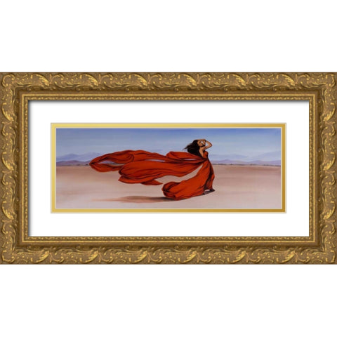 Woman Long Red Dress in the Desert Gold Ornate Wood Framed Art Print with Double Matting by Atelier B Art Studio