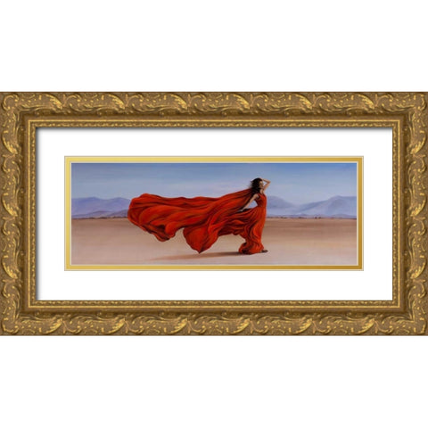 Woman Red Dress in the Desert Gold Ornate Wood Framed Art Print with Double Matting by Atelier B Art Studio