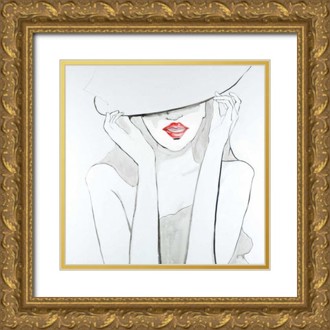 Woman with Big Hat Gold Ornate Wood Framed Art Print with Double Matting by Atelier B Art Studio