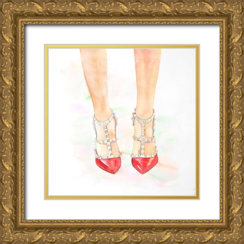 Studded High Heels Shoes Gold Ornate Wood Framed Art Print with Double Matting by Atelier B Art Studio