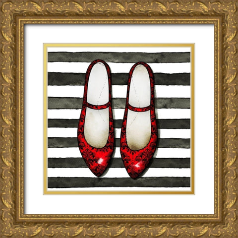 RED GLOSSY SHOES ON STRIPED BACKGROUND Gold Ornate Wood Framed Art Print with Double Matting by Atelier B Art Studio