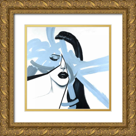 Abstract Blue Woman Portrait Gold Ornate Wood Framed Art Print with Double Matting by Atelier B Art Studio