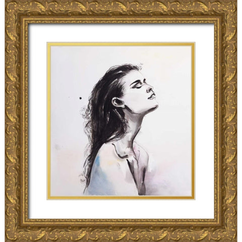 Watercolor Beautiful Woman with Raven Hair Gold Ornate Wood Framed Art Print with Double Matting by Atelier B Art Studio