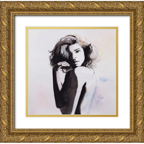 Watercolor Beautiful Young Woman Gold Ornate Wood Framed Art Print with Double Matting by Atelier B Art Studio