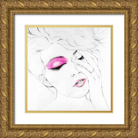 Outline of Female Portrait in Pink Gold Ornate Wood Framed Art Print with Double Matting by Atelier B Art Studio