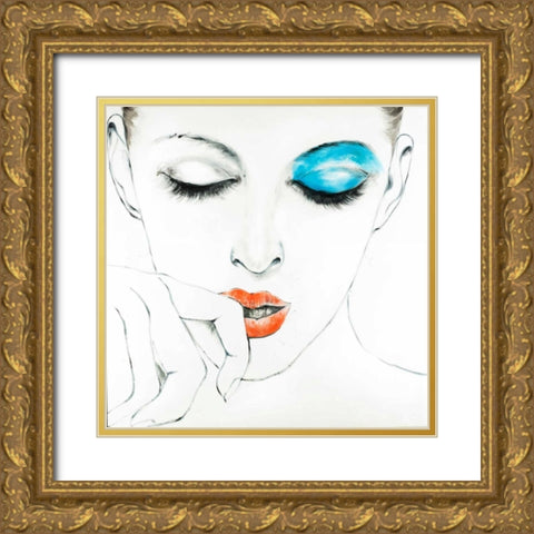 Outline of Female Portrait in Blue Gold Ornate Wood Framed Art Print with Double Matting by Atelier B Art Studio