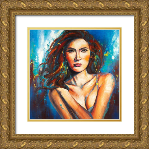 Femme Fatale Portrait with Paint Splash Gold Ornate Wood Framed Art Print with Double Matting by Atelier B Art Studio
