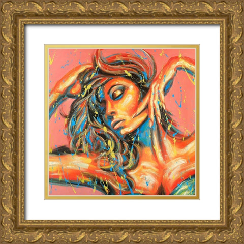 Sensual Tanned Lady with Paint Splash Gold Ornate Wood Framed Art Print with Double Matting by Atelier B Art Studio