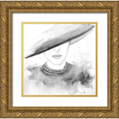 MYSTERIOUS LADY WITH A HAT SKETCH Gold Ornate Wood Framed Art Print with Double Matting by Atelier B Art Studio
