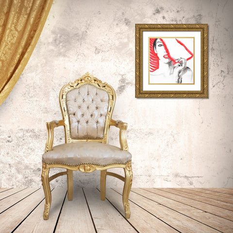 WOMAN WITH BIG HAT Gold Ornate Wood Framed Art Print with Double Matting by Atelier B Art Studio