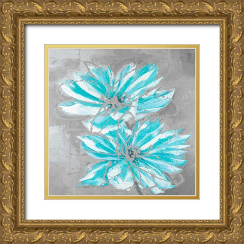 Two Little Abstract Blue Flowers Gold Ornate Wood Framed Art Print with Double Matting by Atelier B Art Studio