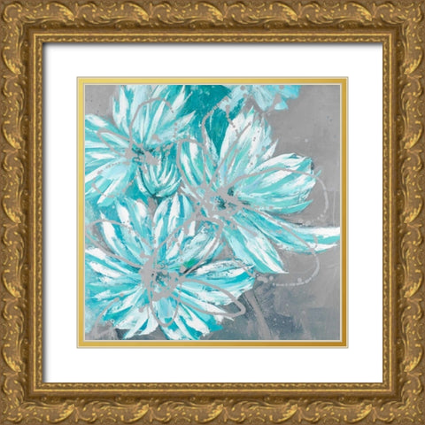 Three Little Abstract Blue Flowers Gold Ornate Wood Framed Art Print with Double Matting by Atelier B Art Studio